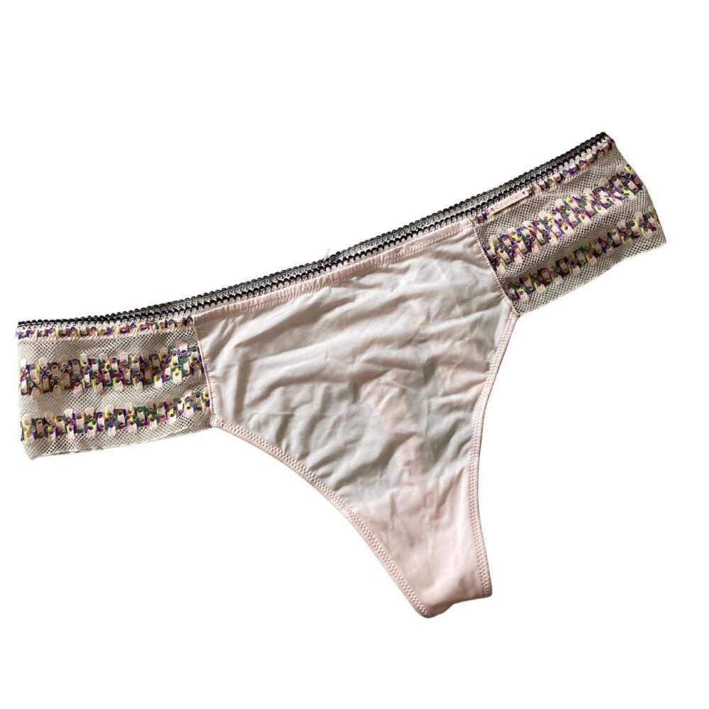 NWT Pink Satin Calvin Klein Thong Panties with Colorful Knit Trim